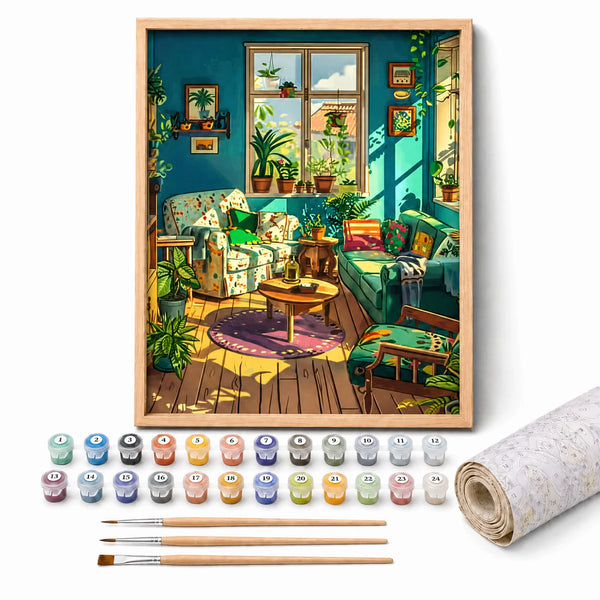 Plant Lover Living Room Paint by Numbers Kit: complete kit with framed artwork, numbered paint pots and brushes