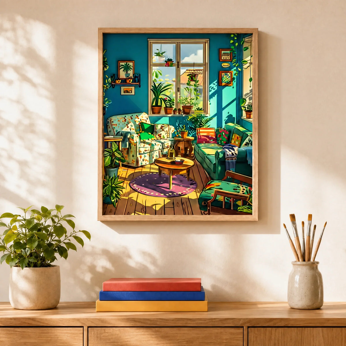 Plant Lover Living Room Paint by Numbers Kit: finished canvas displayed in a living room