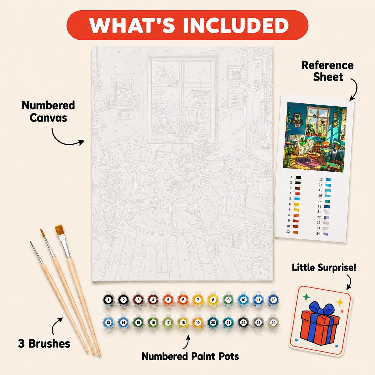 Plant Lover Living Room Paint by Numbers Kit: everything included in the kit