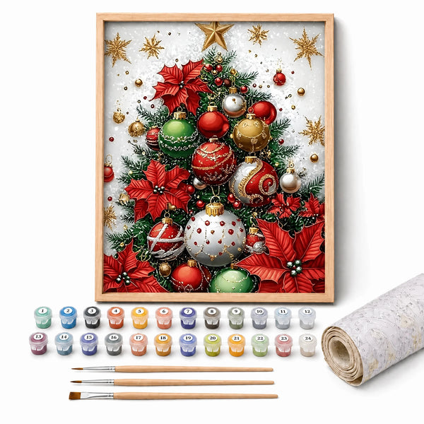 Poinsettia Tree Paint by Numbers Kit: complete kit with framed artwork, numbered paint pots and brushes