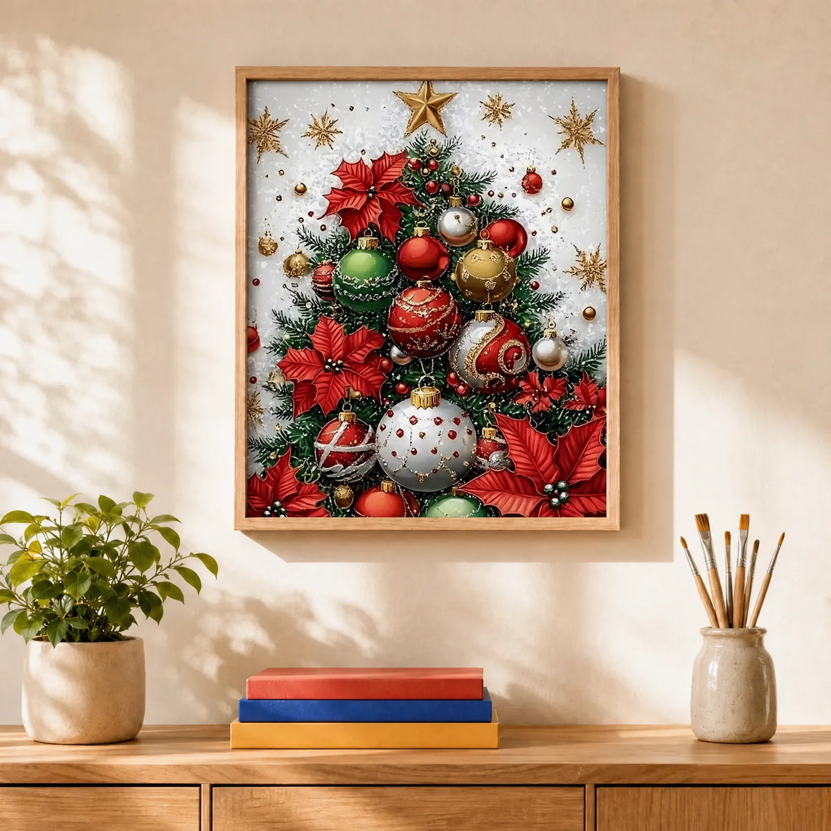 Poinsettia Tree Paint by Numbers Kit: finished canvas displayed in a living room