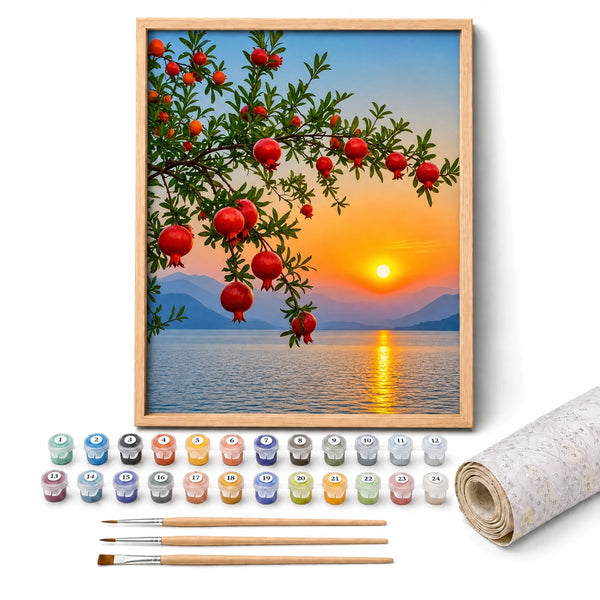 Pomegranate Sunset Paint by Numbers Kit: complete kit with framed artwork, numbered paint pots and brushes