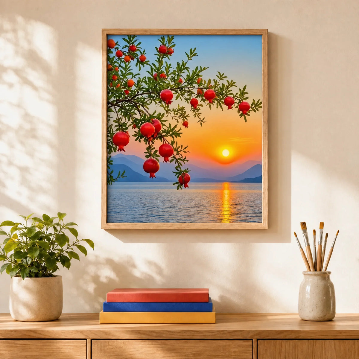 Pomegranate Sunset Paint by Numbers Kit: finished canvas displayed in a living room