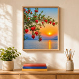 Pomegranate Sunset Paint by Numbers Kit: finished canvas displayed in a living room