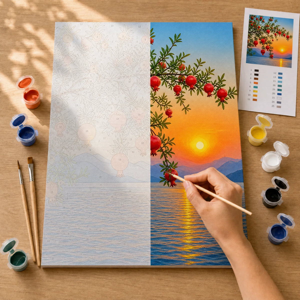 Pomegranate Sunset Paint by Numbers Kit: before and after: numbered canvas and hand painted result