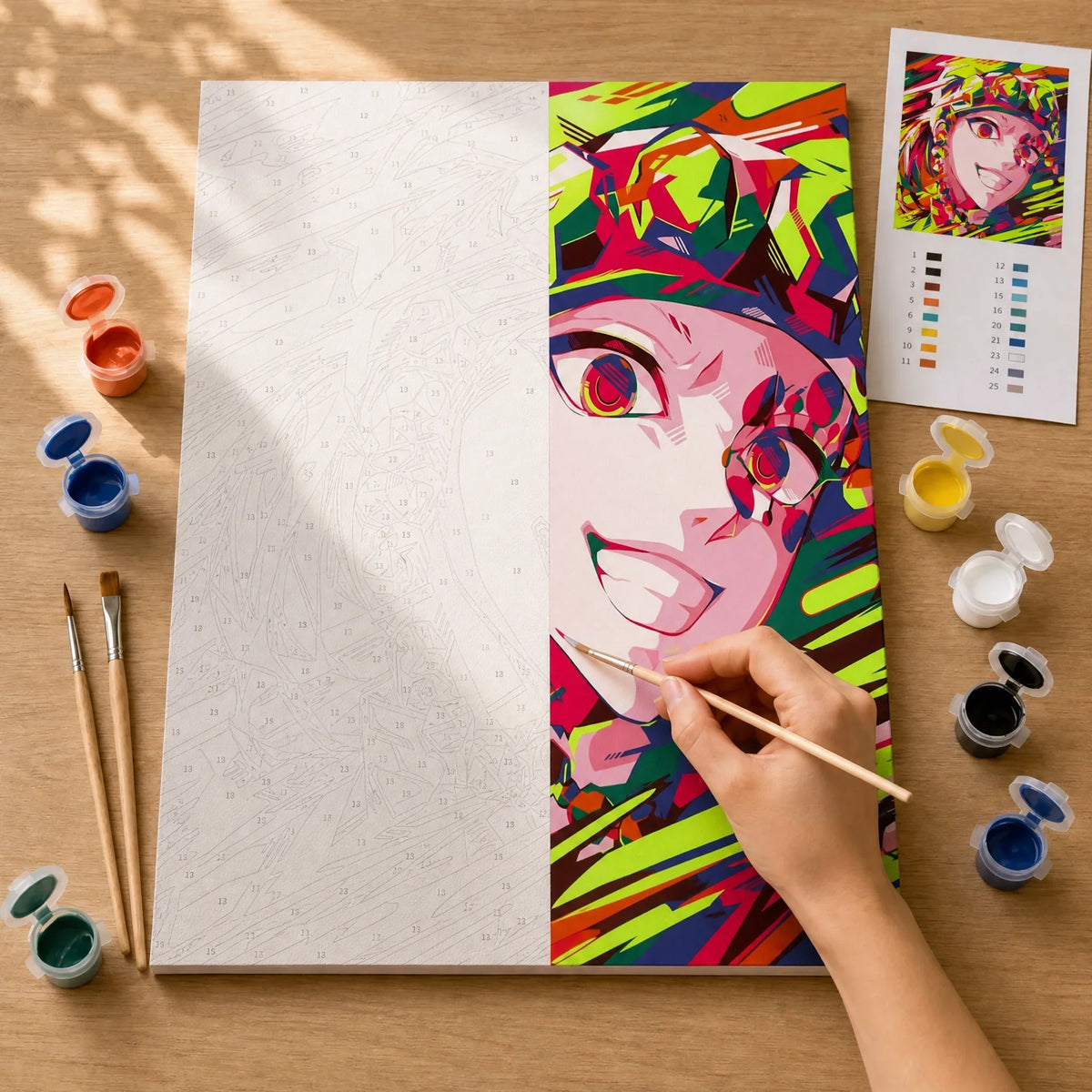 Pop Art Heroine Paint by Numbers Kit: before and after: numbered canvas and hand painted result