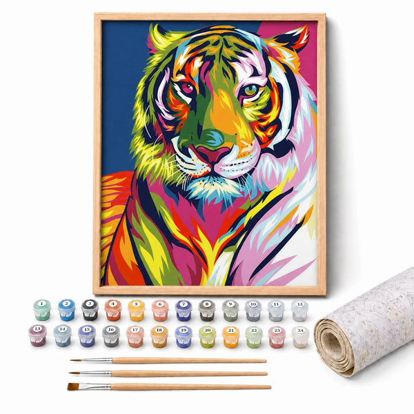 Pop Art Tiger Paint by Numbers Kit: complete kit with framed artwork, numbered paint pots and brushes