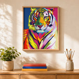 Pop Art Tiger Paint by Numbers Kit: finished canvas displayed in a living room