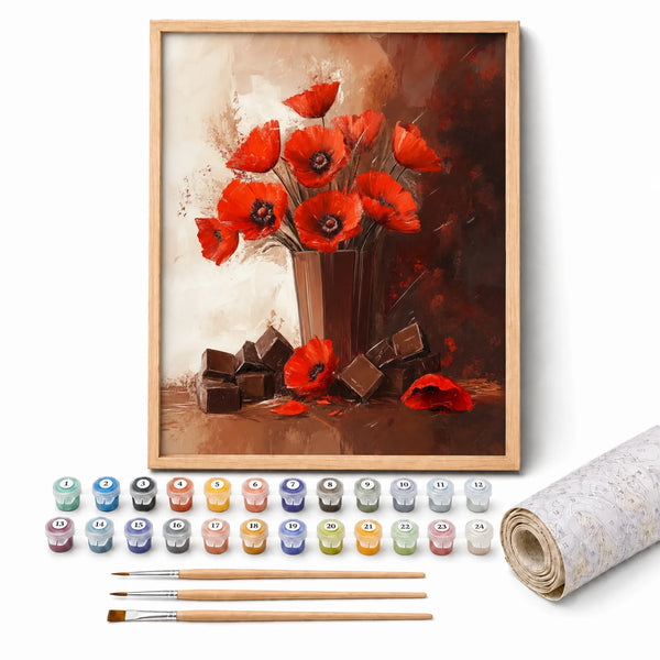 Poppies and Chocolate Paint by Numbers Kit: complete kit with framed artwork, numbered paint pots and brushes