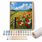 Poppy Meadow Fence Paint by Numbers Kit: complete kit with framed artwork, numbered paint pots and brushes