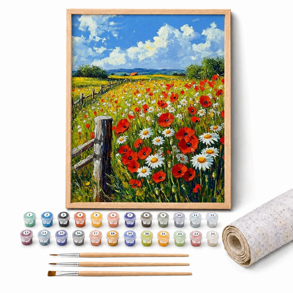 Poppy Meadow Fence Paint by Numbers Kit: complete kit with framed artwork, numbered paint pots and brushes