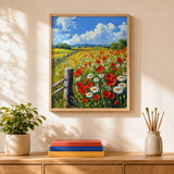 Poppy Meadow Fence Paint by Numbers Kit: finished canvas displayed in a living room
