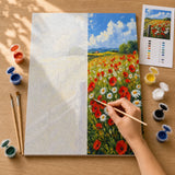 Poppy Meadow Fence Paint by Numbers Kit: before and after: numbered canvas and hand painted result