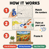 Poppy Meadow Fence Paint by Numbers Kit: how paint by numbers works step by step