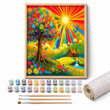 Rainbow Sunburst Tree Paint by Numbers Kit: complete kit with framed artwork, numbered paint pots and brushes