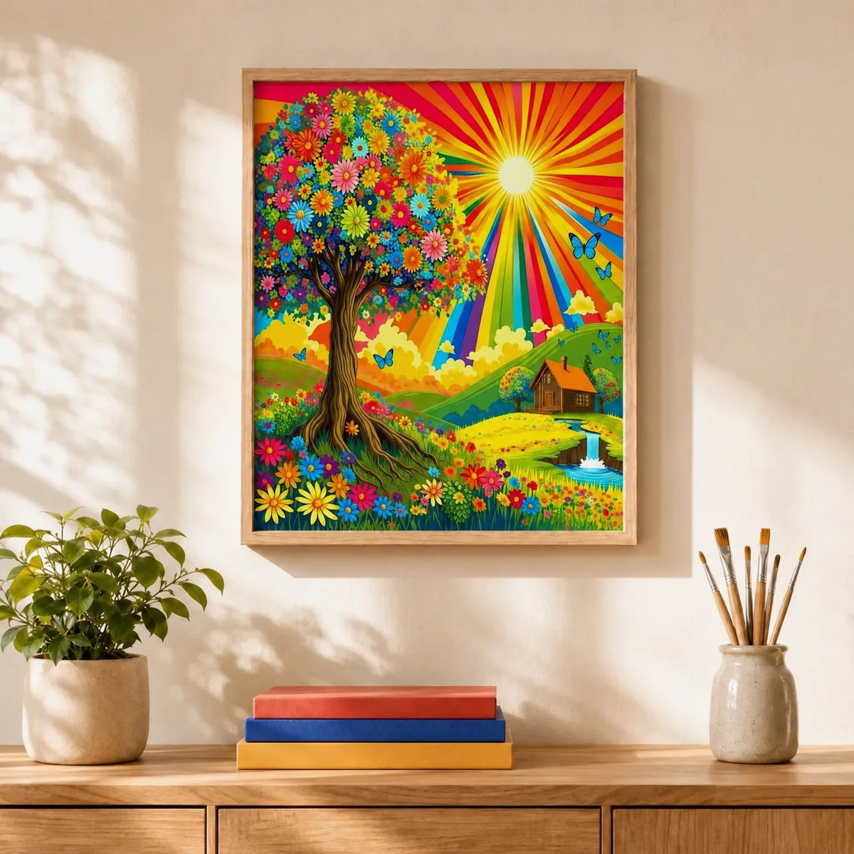 Rainbow Sunburst Tree Paint by Numbers Kit: finished canvas displayed in a living room