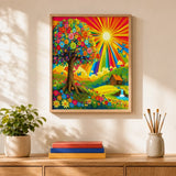 Rainbow Sunburst Tree Paint by Numbers Kit: finished canvas displayed in a living room