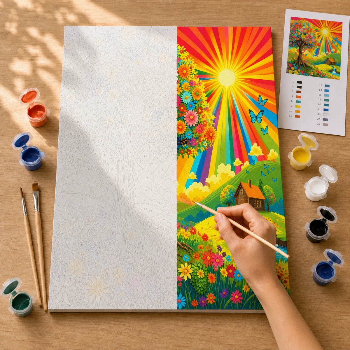 Rainbow Sunburst Tree Paint by Numbers Kit: before and after: numbered canvas and hand painted result