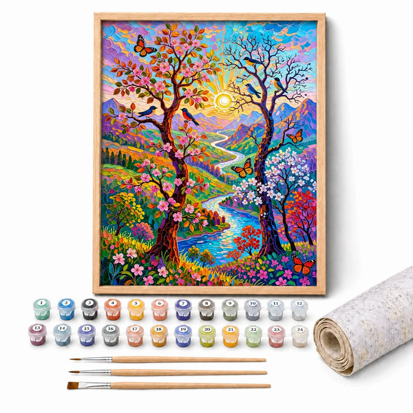 Rainbow Tree of Life Paint by Numbers Kit: complete kit with framed artwork, numbered paint pots and brushes