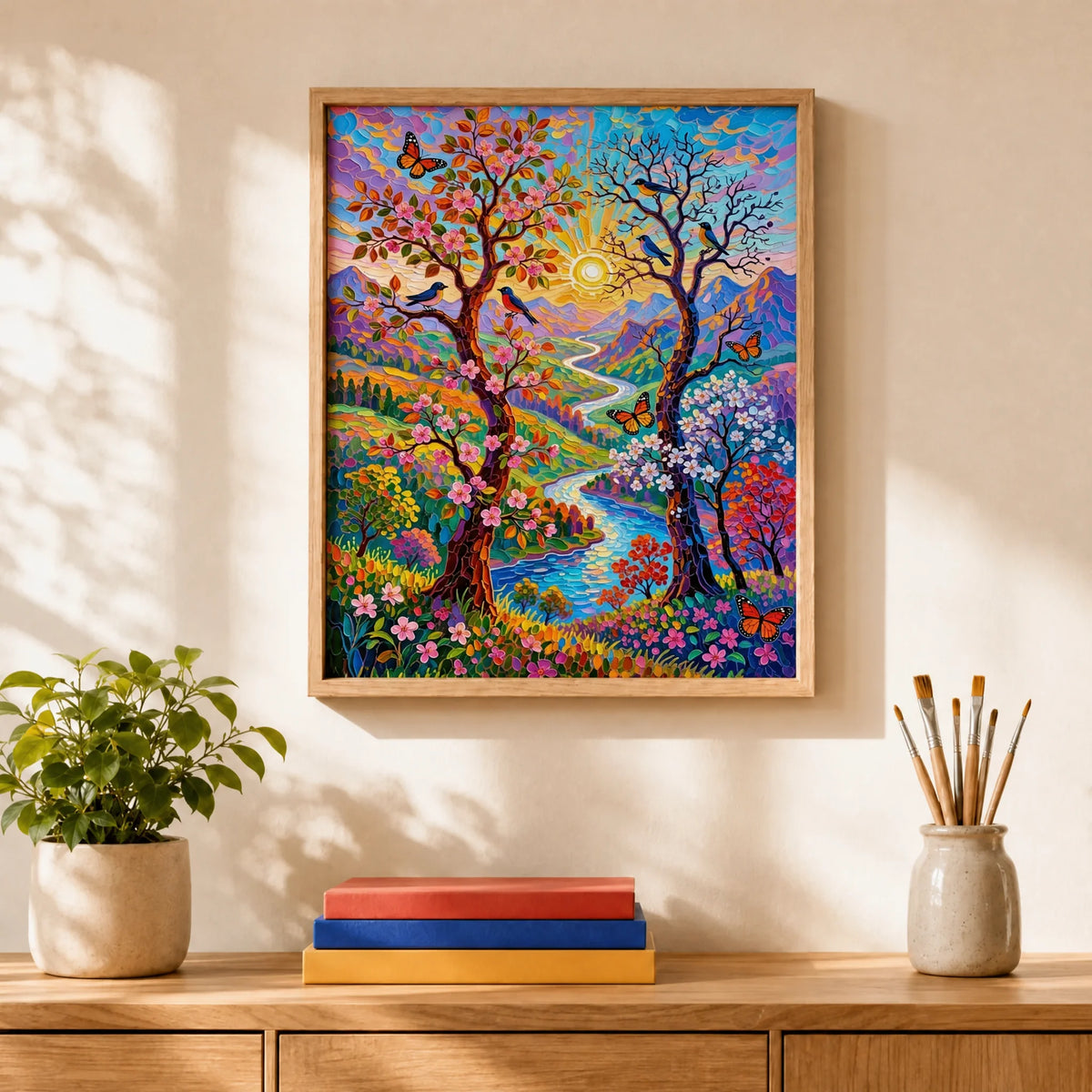 Rainbow Tree of Life Paint by Numbers Kit: finished canvas displayed in a living room