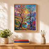 Rainbow Tree of Life Paint by Numbers Kit: finished canvas displayed in a living room