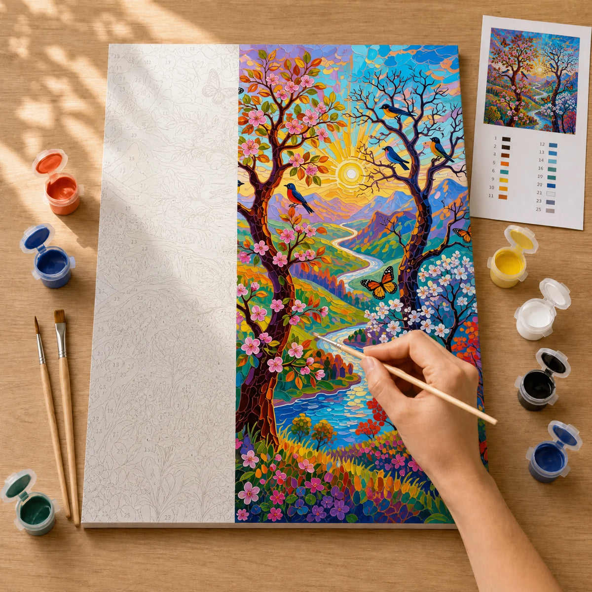 Rainbow Tree of Life Paint by Numbers Kit: before and after: numbered canvas and hand painted result