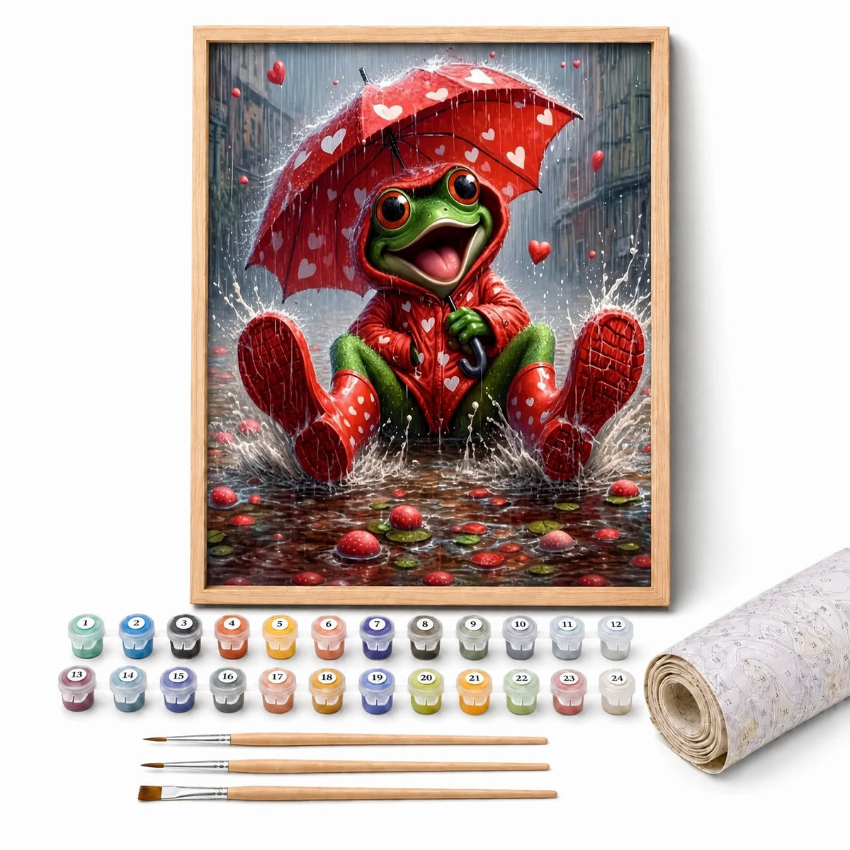 Rainy Day Frog Paint by Numbers Kit: complete kit with framed artwork, numbered paint pots and brushes