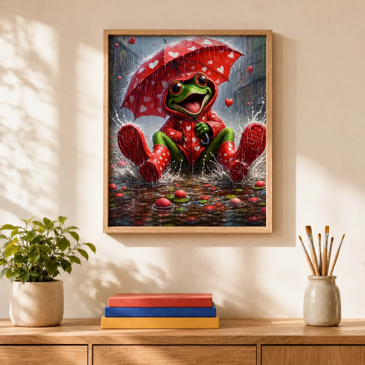 Rainy Day Frog Paint by Numbers Kit: finished canvas displayed in a living room
