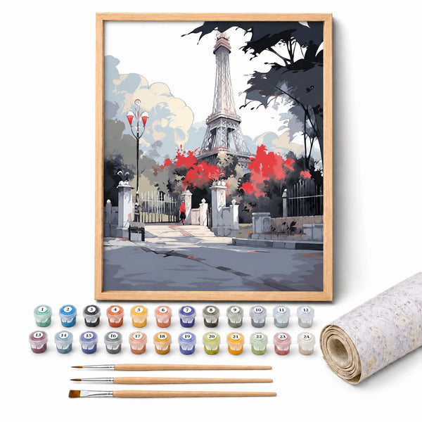 Red Bloom Paris Paint by Numbers Kit: complete kit with framed artwork, numbered paint pots and brushes