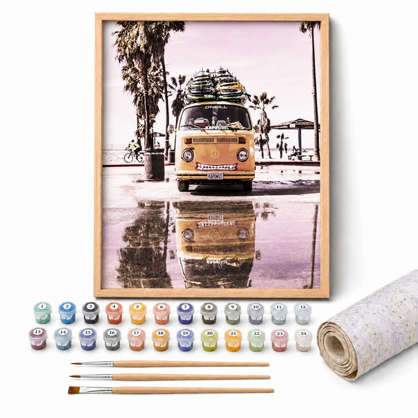 Retro Beach Van Paint by Numbers Kit: complete kit with framed artwork, numbered paint pots and brushes