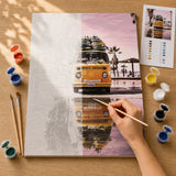 Retro Beach Van Paint by Numbers Kit: before and after: numbered canvas and hand painted result