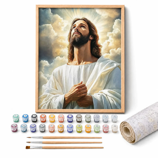 Risen Light Paint by Numbers Kit: complete kit with framed artwork, numbered paint pots and brushes