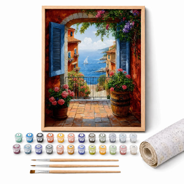 Riviera Archway Paint by Numbers Kit: complete kit with framed artwork, numbered paint pots and brushes