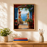 Riviera Archway Paint by Numbers Kit: finished canvas displayed in a living room