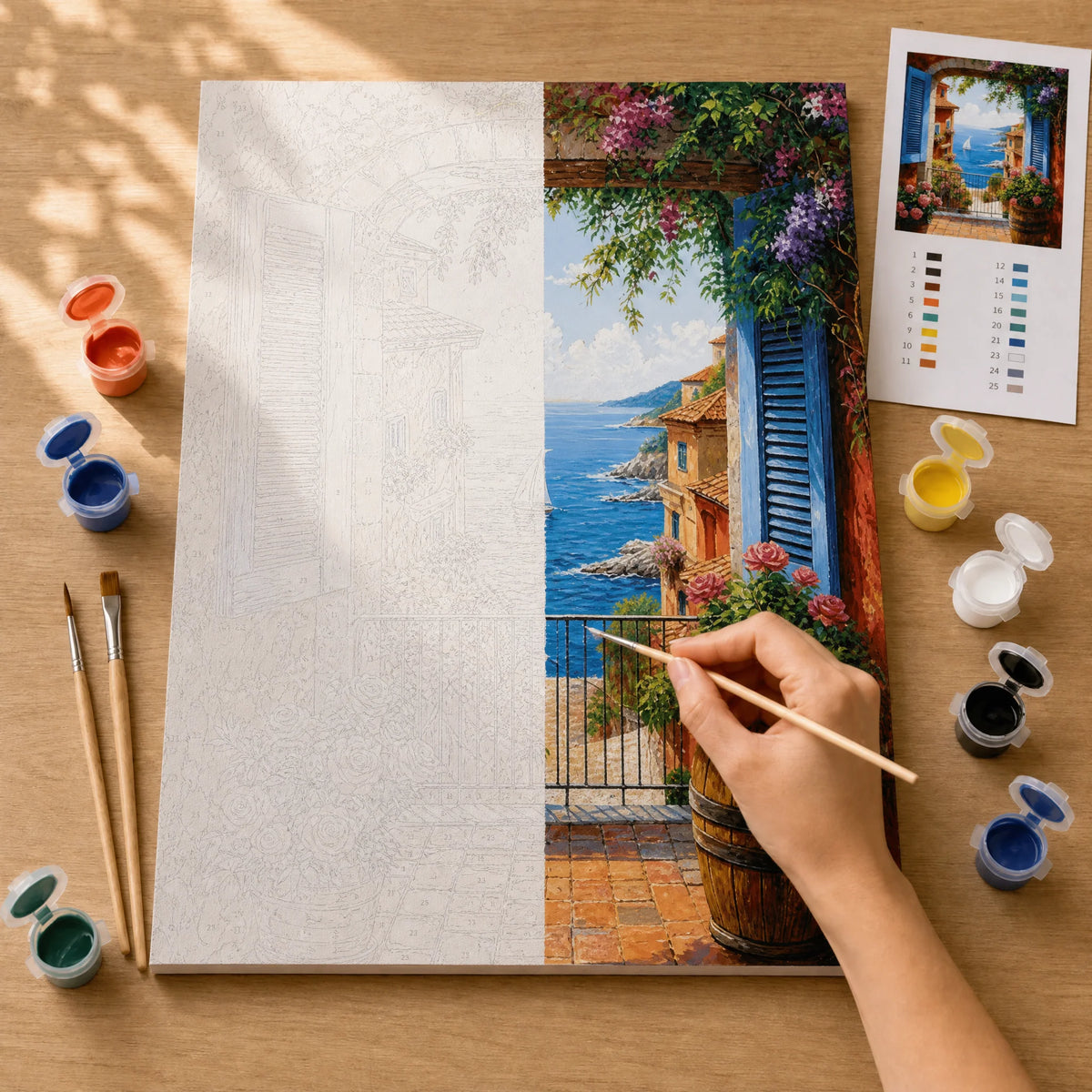 Riviera Archway Paint by Numbers Kit: before and after: numbered canvas and hand painted result