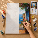 Riviera Archway Paint by Numbers Kit: before and after: numbered canvas and hand painted result