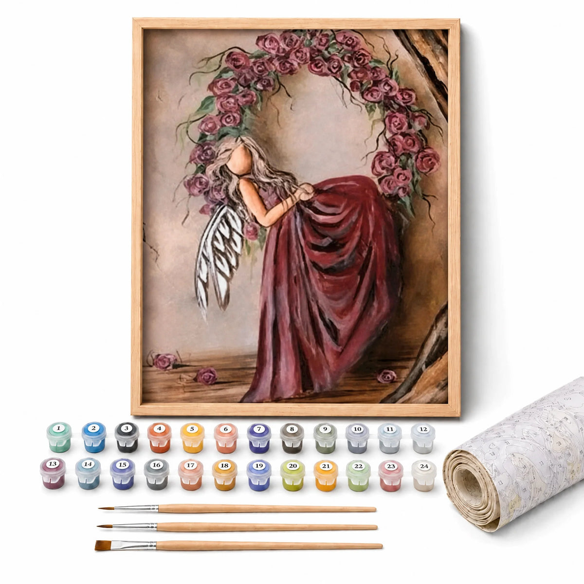 Rose Angel Paint by Numbers Kit: complete kit with framed artwork, numbered paint pots and brushes