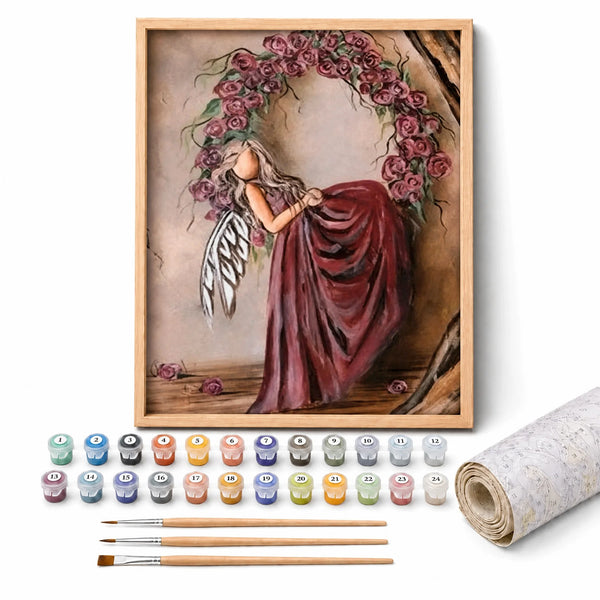 Rose Angel Paint by Numbers Kit: complete kit with framed artwork, numbered paint pots and brushes