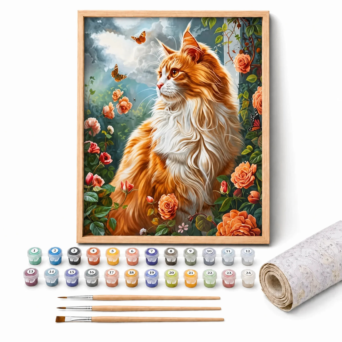 Rose Garden Cat Paint by Numbers Kit: complete kit with framed artwork, numbered paint pots and brushes