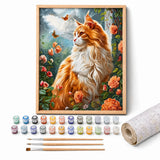 Rose Garden Cat Paint by Numbers Kit: complete kit with framed artwork, numbered paint pots and brushes