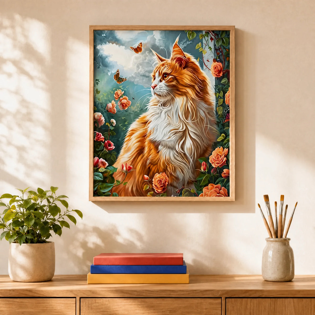 Rose Garden Cat Paint by Numbers Kit: finished canvas displayed in a living room