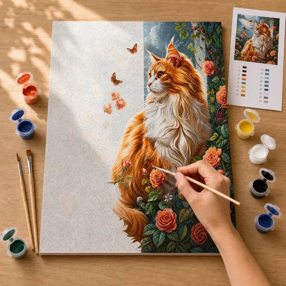 Rose Garden Cat Paint by Numbers Kit: before and after: numbered canvas and hand painted result