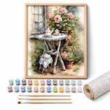 Rose Tea Time Paint by Numbers Kit: complete kit with framed artwork, numbered paint pots and brushes
