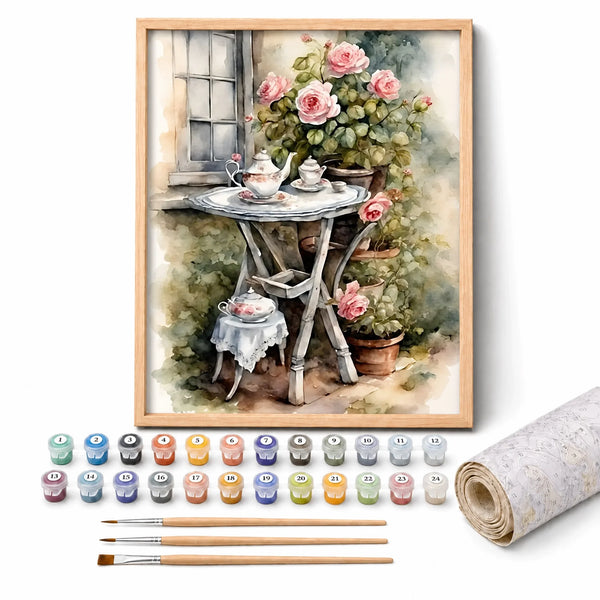 Rose Tea Time Paint by Numbers Kit: complete kit with framed artwork, numbered paint pots and brushes