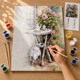 Rose Tea Time Paint by Numbers Kit: before and after: numbered canvas and hand painted result