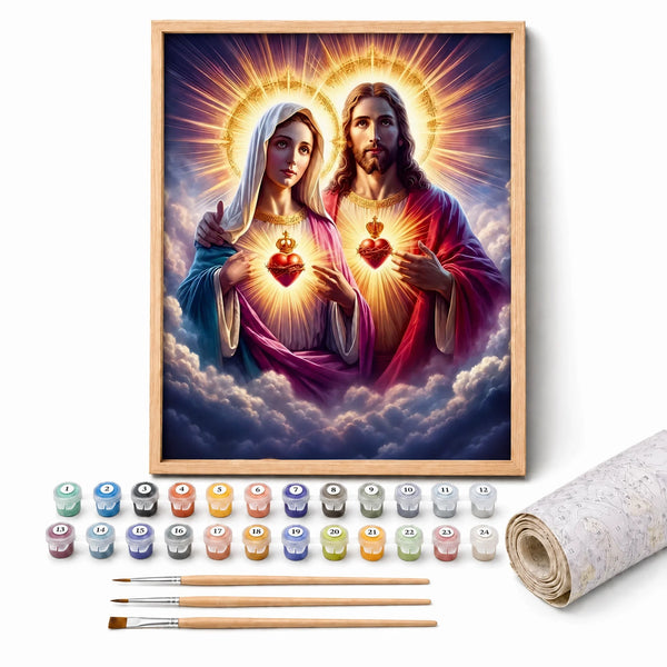 Sacred Hearts Paint by Numbers Kit: complete kit with framed artwork, numbered paint pots and brushes