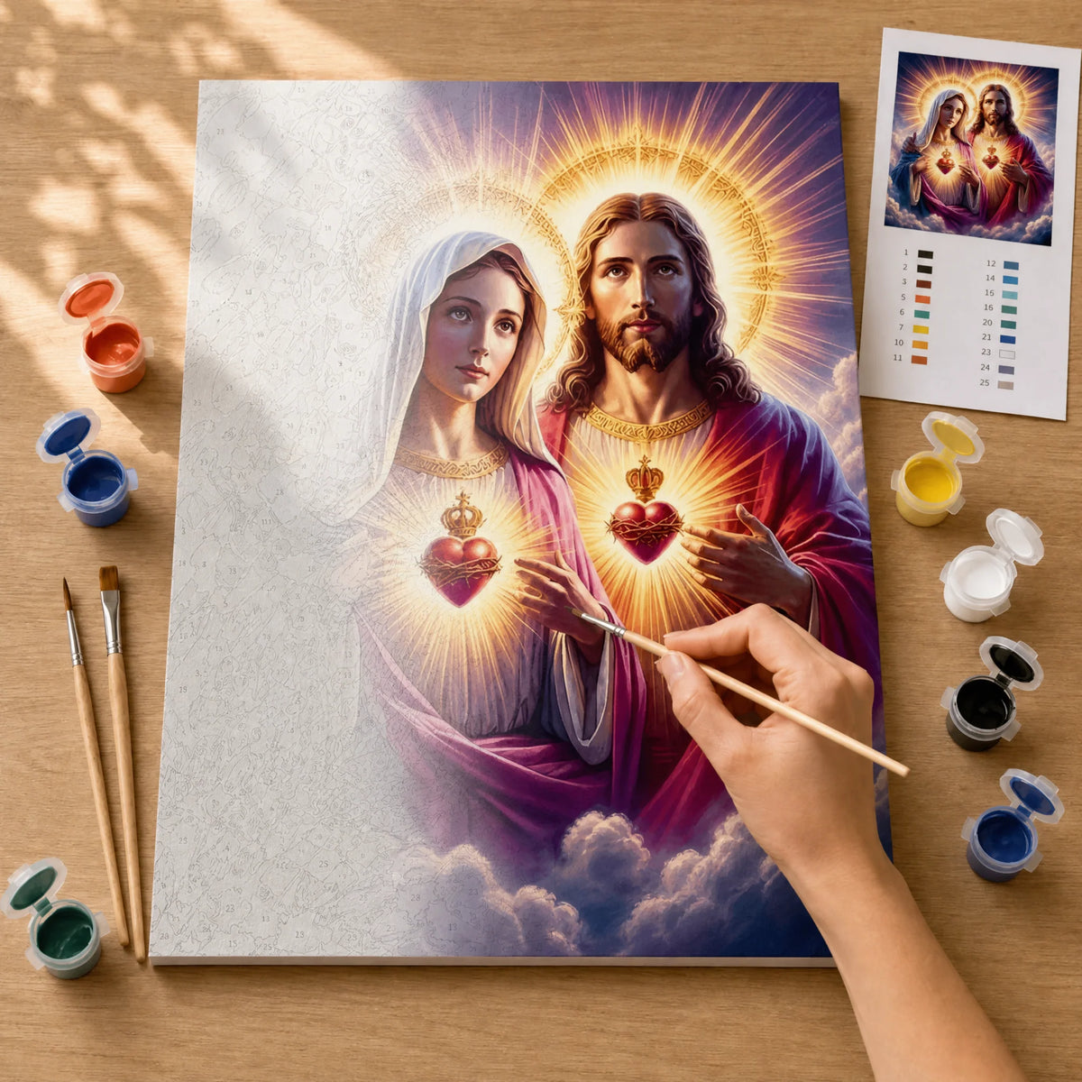 Sacred Hearts Paint by Numbers Kit: before and after: numbered canvas and hand painted result