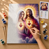 Sacred Hearts Paint by Numbers Kit: before and after: numbered canvas and hand painted result
