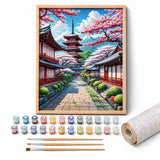 Sakura Pagoda Paint by Numbers Kit: complete kit with framed artwork, numbered paint pots and brushes
