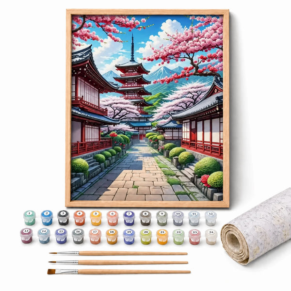 Sakura Pagoda Paint by Numbers Kit: complete kit with framed artwork, numbered paint pots and brushes